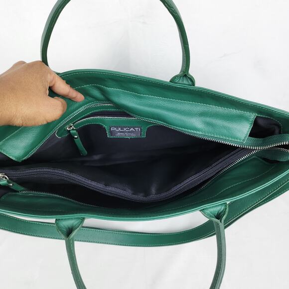 Pulicati Kelly Green Genuine Woven Italian Leather Satchel Tote Laptop Bag - Picture 7 of 12